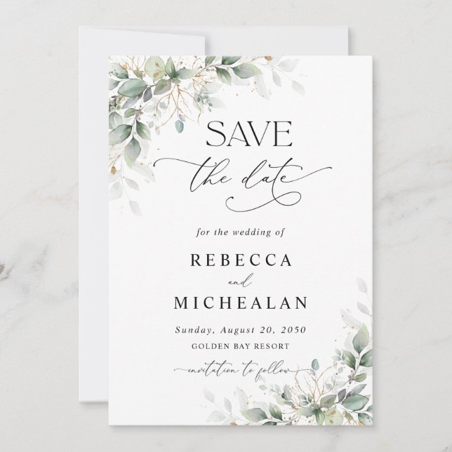 Convite Elegant Greenery Wedding Save The Date (Frente)