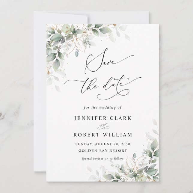 Convite Elegant Greenery Wedding Save The Date Invitation (Frente)