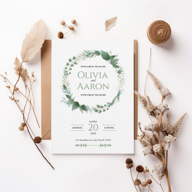 Convite Elegant Greenery Wreath Wedding Invitation (Criador carregado)