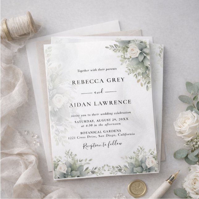 Convite Elegant Grey Botanical Wedding Invitation (Criador carregado)