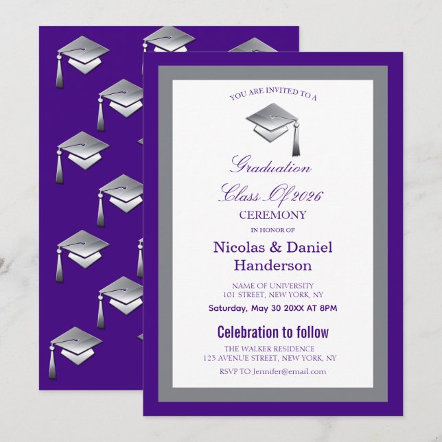 Convite Elegant grey caps graduation ceremony invitation (Frente/Verso)