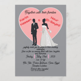 Convite Elegant Grey Pink Heart Bride Groom Invitation