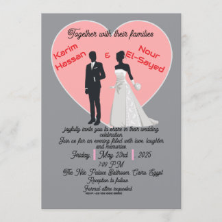 Convite Elegant Grey Pink Heart Bride Groom Invitation