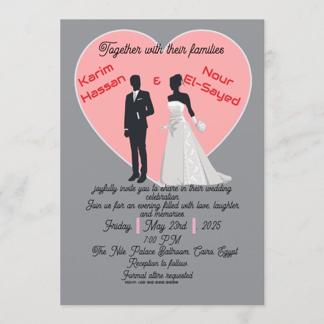 Convite Elegant Grey Pink Heart Bride Groom Invitation (Frente)