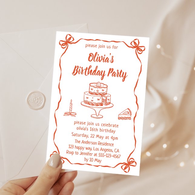 Convite Elegant Hand-Drawn Cake & Ribbon Birthday Party (Criador carregado)