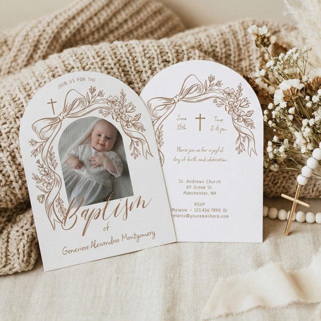 Convite Elegant Hand-Drawn Floral Bow Arch Baptism Photo (Elegant Hand-Drawn Floral Bow Arch Baptism Photo Invitation)
