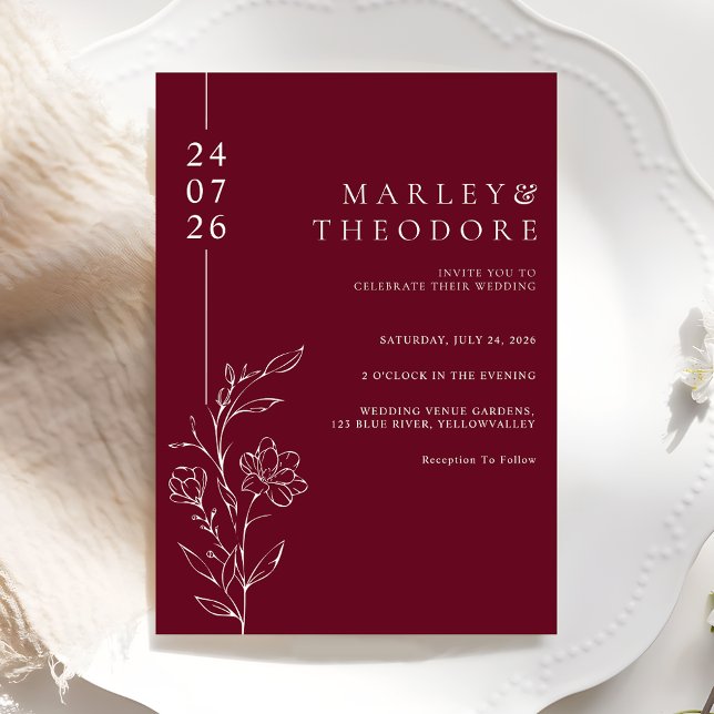 Convite Elegant Hand Drawn Floral Burgundy Wedding (Criador carregado)