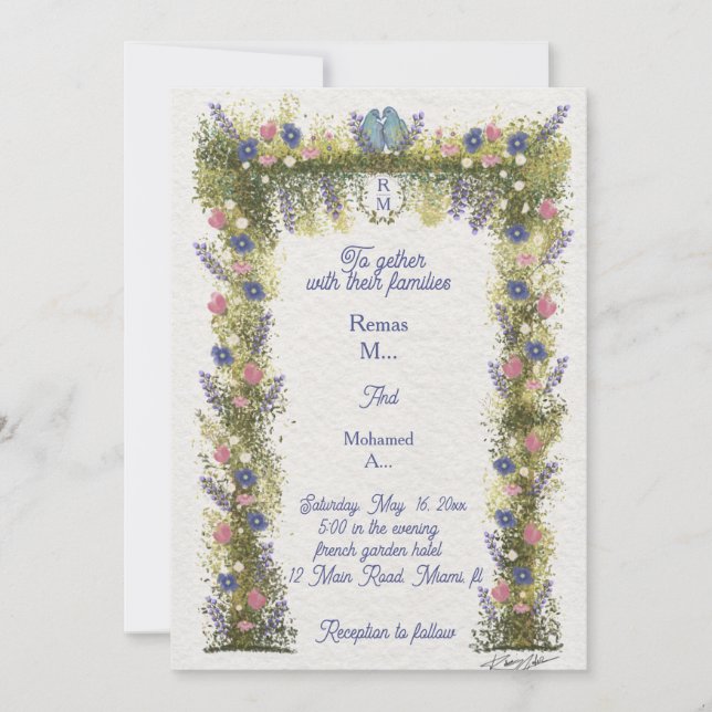 Convite Elegant Hand-Drawn Floral Wedding Invitation  (Frente)