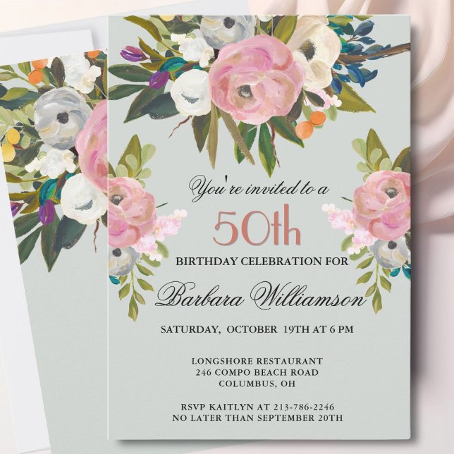 Convite Elegant Handpainted Floral 50th Birthday Party  (Criador carregado)