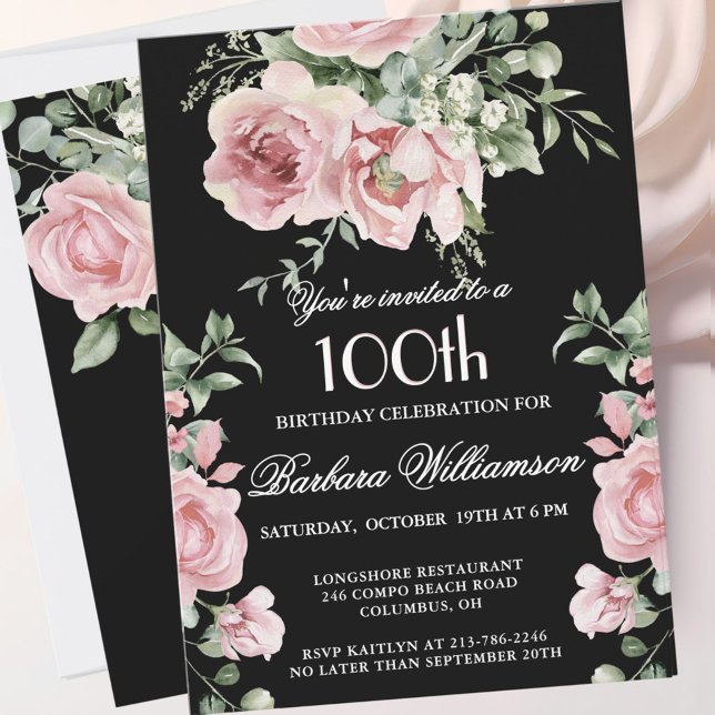 Convite *Elegant Handpainted Roses 100th Birthday Party  (Criador carregado)