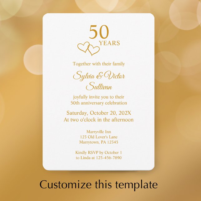 Convite Elegant Heart Golden 50th Wedding Anniversary (Personalize this modern elegant golden 50th wedding anniversary party invitation.
)