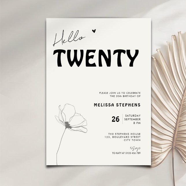 Convite Elegant Hello Twenty Bold Typography 20th Birthday (Criador carregado)