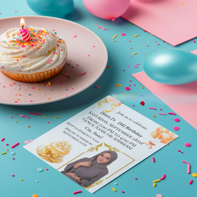 Convite Elegant Hijabi 18th Birthday Photo Invitation | Go (Criador carregado)