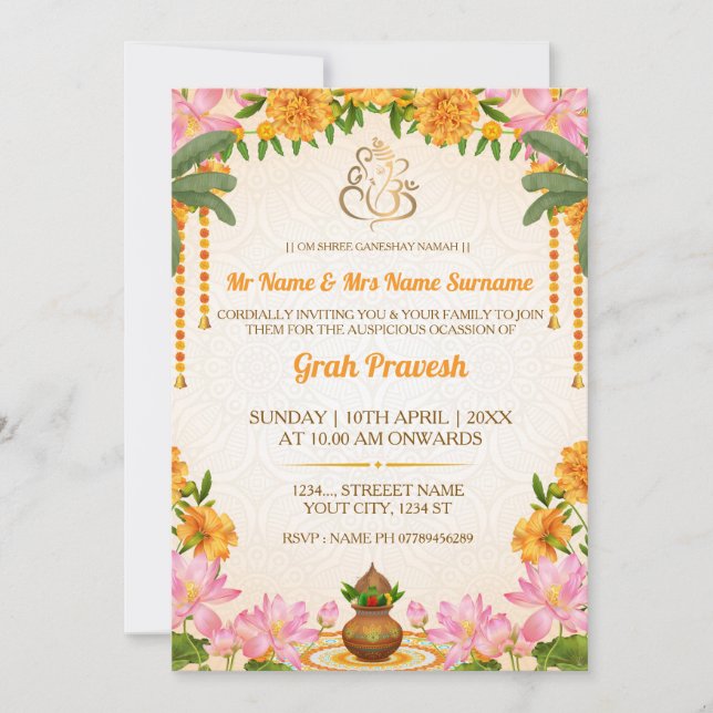 Convite Elegant Hindu Griha Pravesh Ceremony Invitation (Frente)