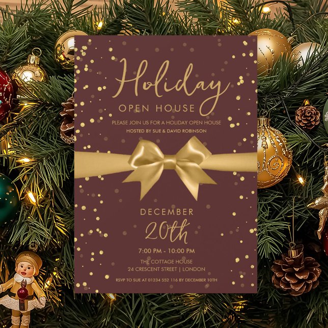 Convite Elegant Holiday Open House Gold Bow Burgundy  (Elegant Holiday Open House Gold Bow Burgundy Invitation)