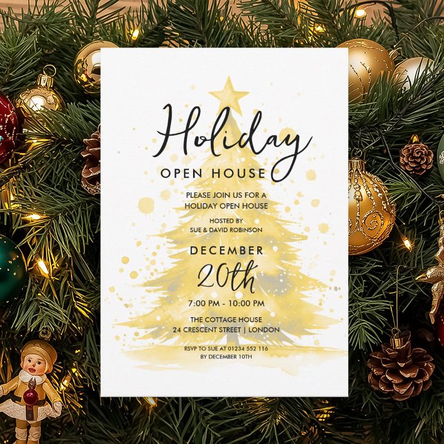 Convite Elegant Holiday Open House Gold Hand Painted Tree (Elegant Holiday Open House Gold Hand Painted Tree Invitation)
