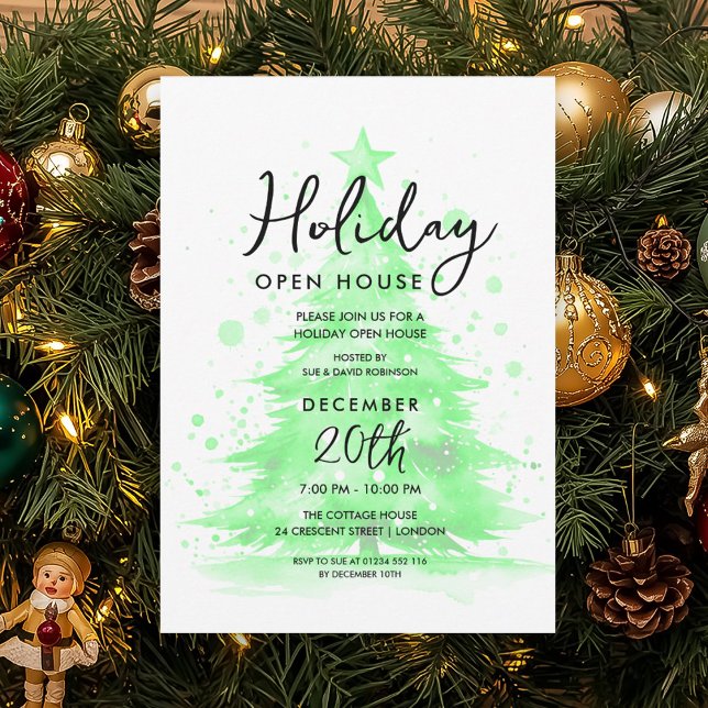 Convite Elegant Holiday Open House Green Hand Painted Tree (Elegant Holiday Open House Green Hand Painted Tree Invitation)