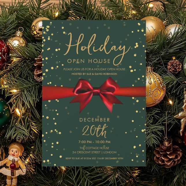 Convite Elegant Holiday Open House Red Bow Green  (Elegant Holiday Open House Red Bow Green Invitation)