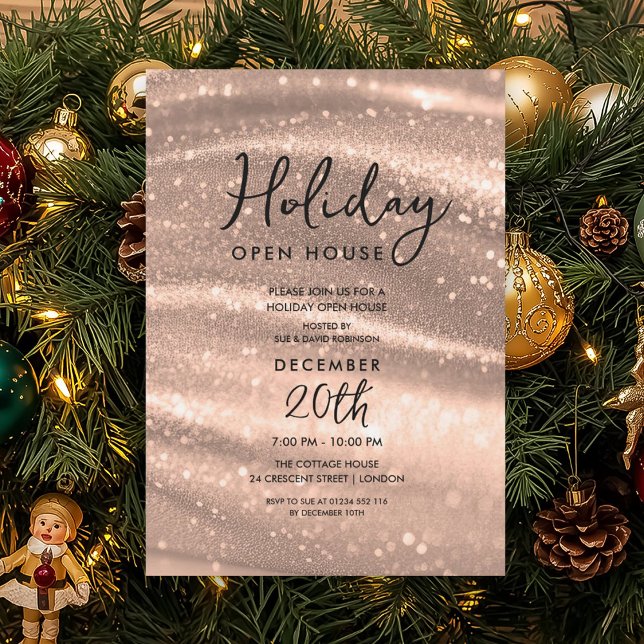 Convite Elegant Holiday Open House Rose Gold Sparkle Glam (Elegant Holiday Open House Rose Gold Sparkle Glam Invitation)