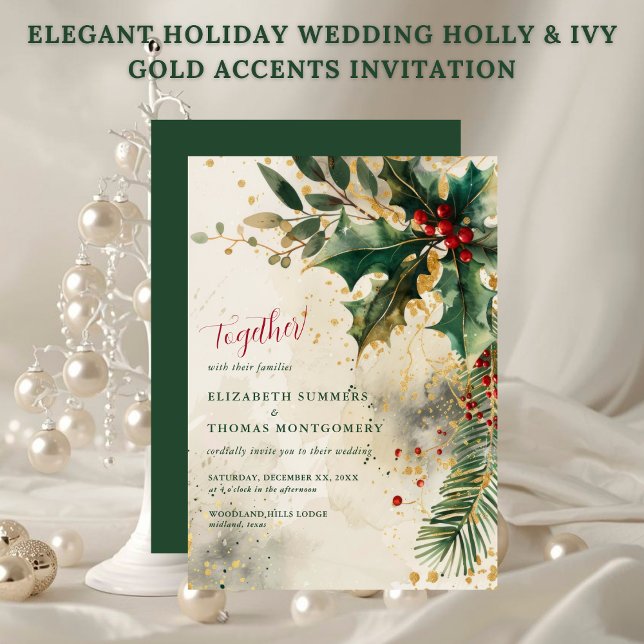 Convite Elegant Holiday Wedding Holly & Ivy Gold Accents (Elegant Holiday Wedding Holly & Ivy Gold Accents Invitation)