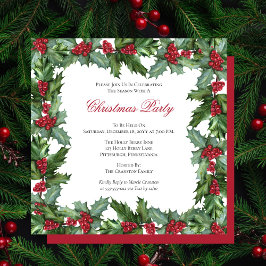 Convite Elegant Holly and Berries Frame Christmas Party