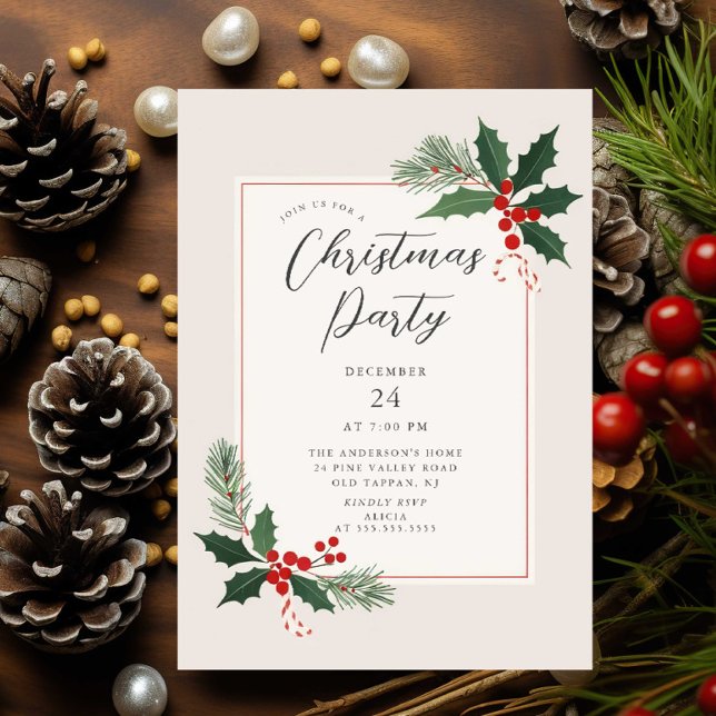 Convite Elegant Holly Christmas Party Invitation (Criador carregado)