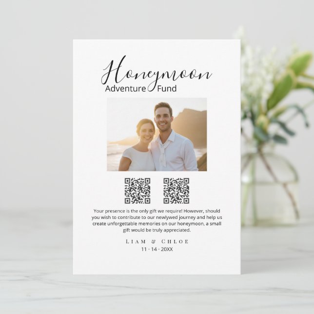 Convite Elegant Honeymoon Fund QR Code Wedding Sign photo (Em pé/Frente)