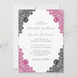 Convite Elegant Hot Pink and Black Floral Lace Wedding