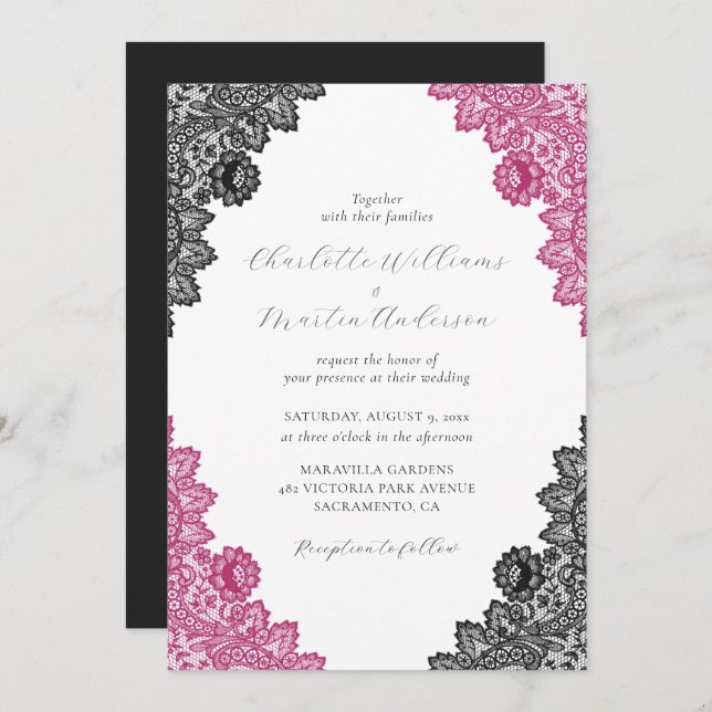 Convite Elegant Hot Pink and Black Floral Lace Wedding (Frente/Verso)