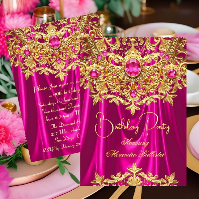 Convite Elegant Hot Pink gems Gold Lace Damask Birthday (Criador carregado)