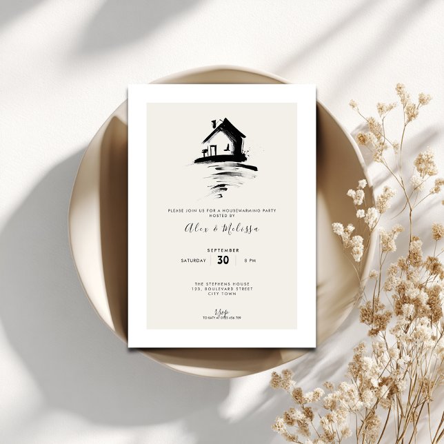 Convite Elegant Housewarming Invitation - Hand Drawn House (Minimal housewarming invitation with a hand drawn house.)