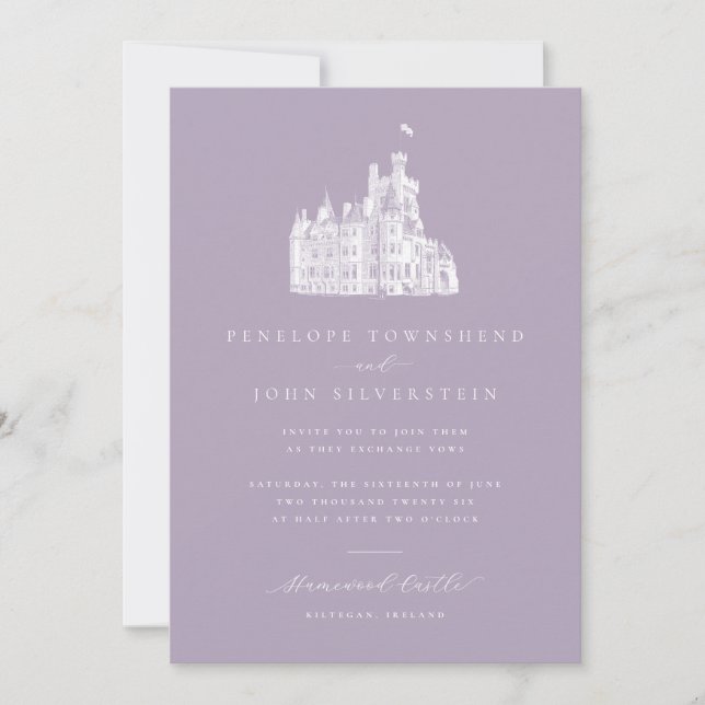 Convite Elegant Illustration Lavender Castle Wedding (Frente)