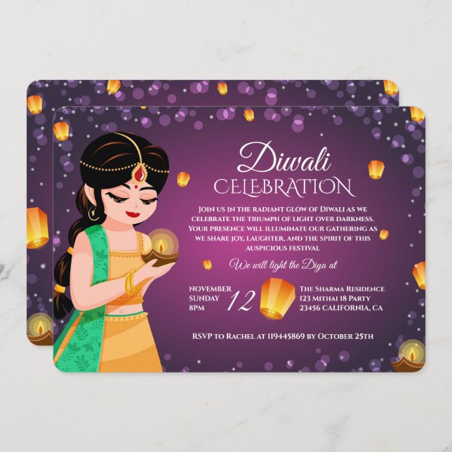 Convite Elegant Indian Girl Floating Lantern Purple Diwali (Frente/Verso)