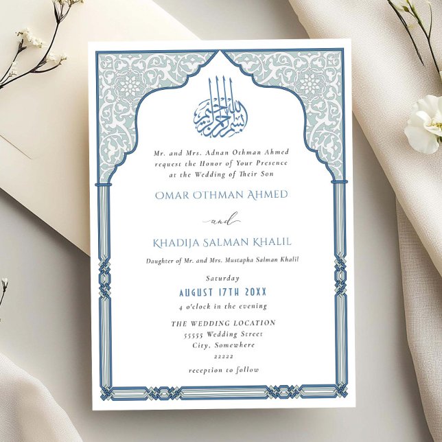 Convite Elegant Islamic Blue Arch Ornate Arabesque Wedding (Criador carregado)