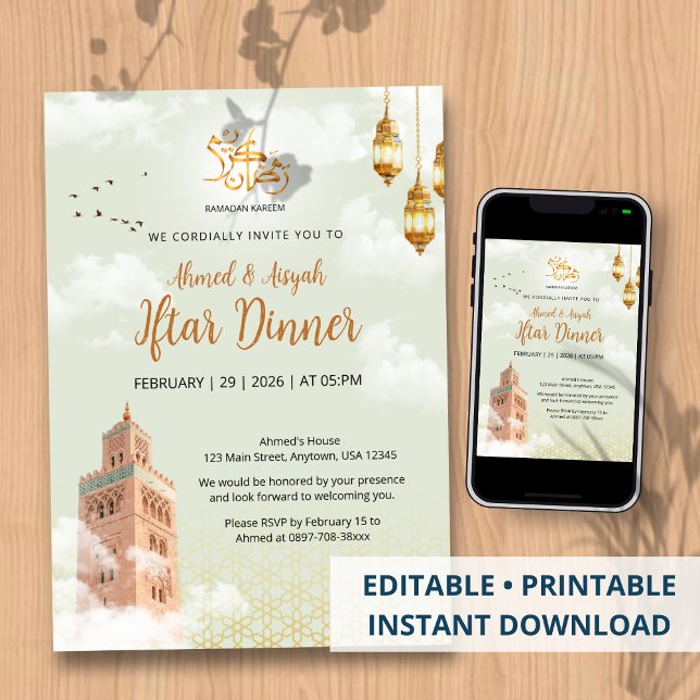 Convite Elegant Islamic Golden Lantern & Mosque Iftar (Criador carregado)