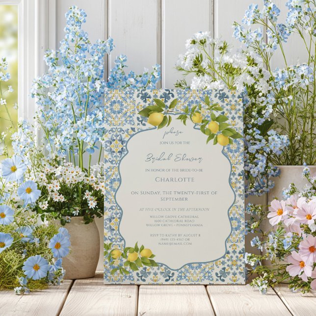 Convite Elegant Italian Blue Tile Lemon Bridal Shower (Criador carregado)