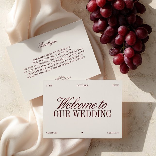 Convite Elegant Ivory & Burgundy Wedding Welcome Card (Elegant Ivory & Burgundy Wedding Welcome Card)