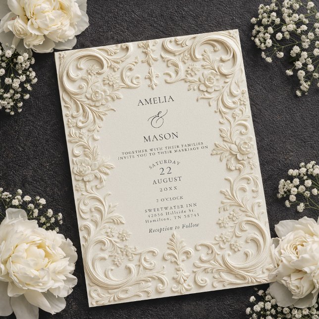 Convite Elegant Ivory Embossed Style Baroque Wedding (Elegant Ivory Embossed Style Baroque Wedding Invitation)