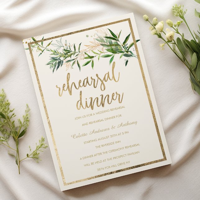 Convite Elegant ivory green gold foliage Rehearsal Dinner (Elegant ivory green gold foliage Rehearsal Dinner)