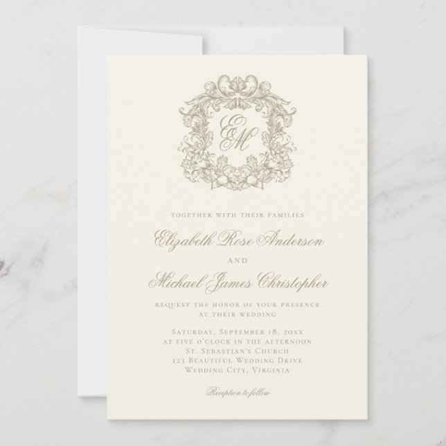Convite Elegant Ivory Monogram Crest Wedding (Frente)