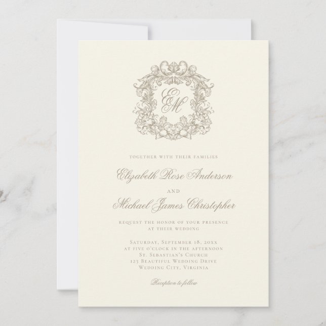 Convite Elegant Ivory Ornate Monogram Crest Wedding (Frente)