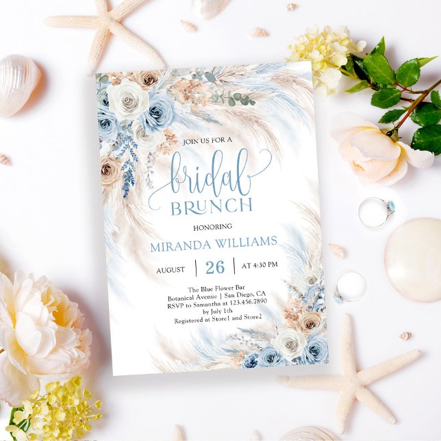 Convite Elegant Ivory Roses Blue Floral Bridal Brunch (Criador carregado)