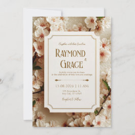 Convite Elegant Ivory Sakura Floral Gilded Ticket Wedding