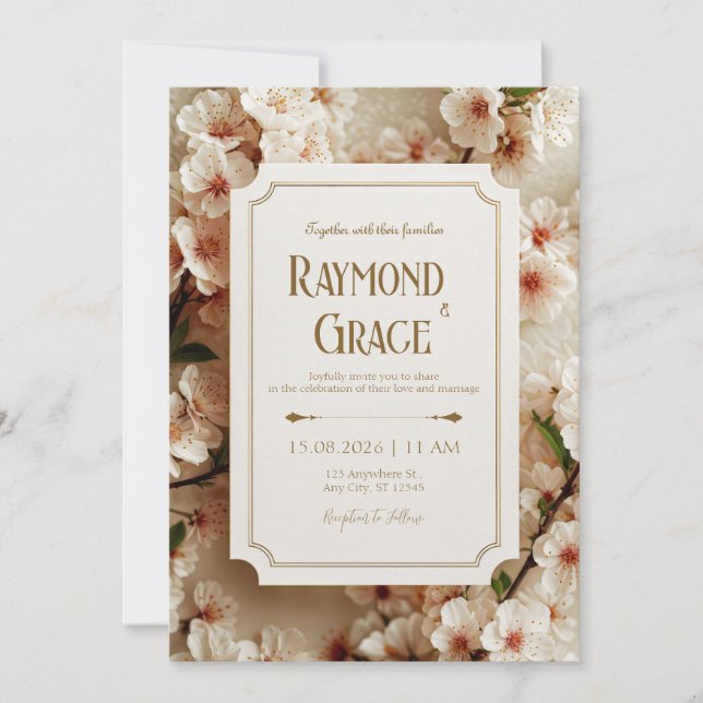 Convite Elegant Ivory Sakura Floral Gilded Ticket Wedding (Frente)