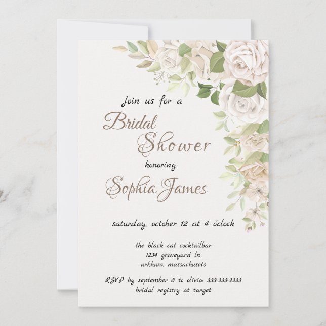 Convite elegant Ivory White Roses Bridal Shower  (Frente)