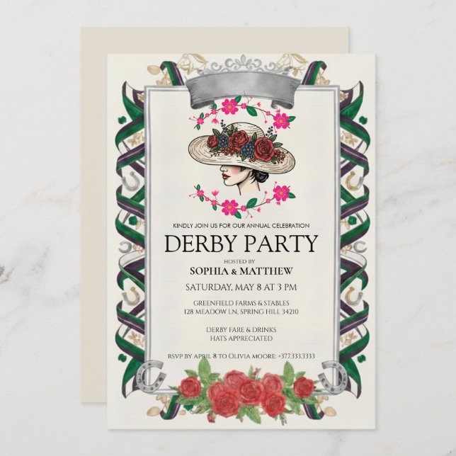 Convite Elegant Kentucky Derby Party Floral Invitation (Frente/Verso)