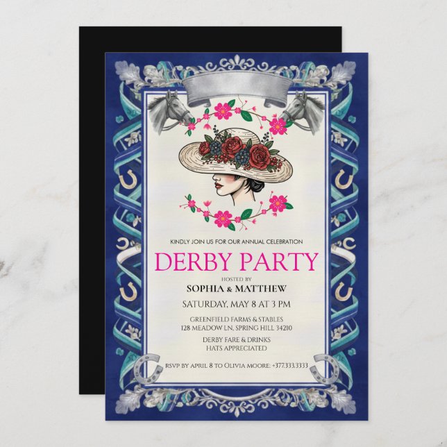 Convite Elegant Kentucky Derby Party Floral Invitation (Frente/Verso)