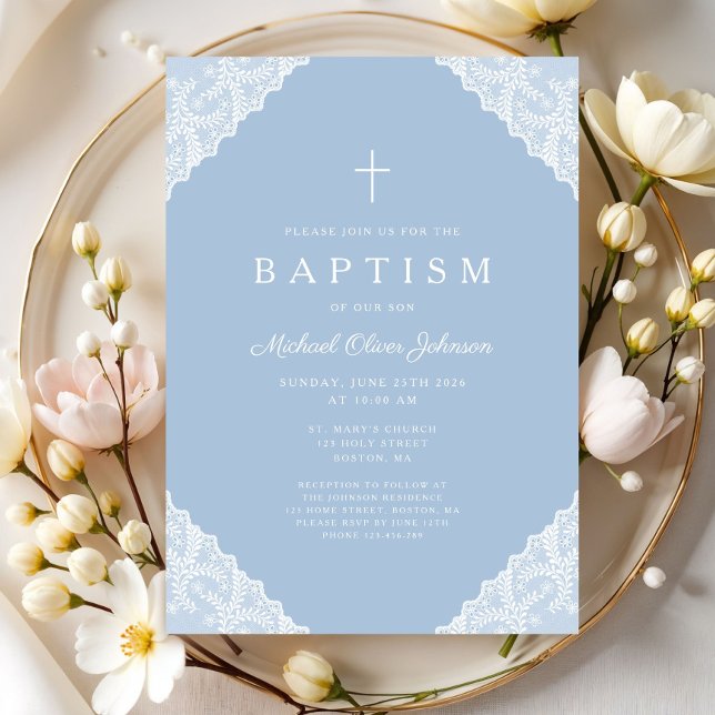 Convite Elegant Lace Blue Baby Boy Baptism (Elegant Lace Navy Blue Baby Boy Baptism Invitation)