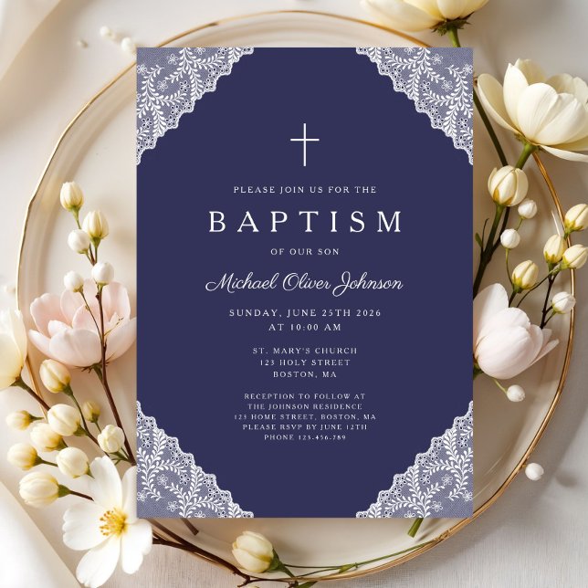 Convite Elegant Lace Navy Blue Baby Boy Baptism (Elegant Lace Navy Blue Baby Boy Baptism Invitation)