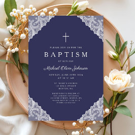 Convite Elegant Lace Navy Blue Baby Boy Baptism